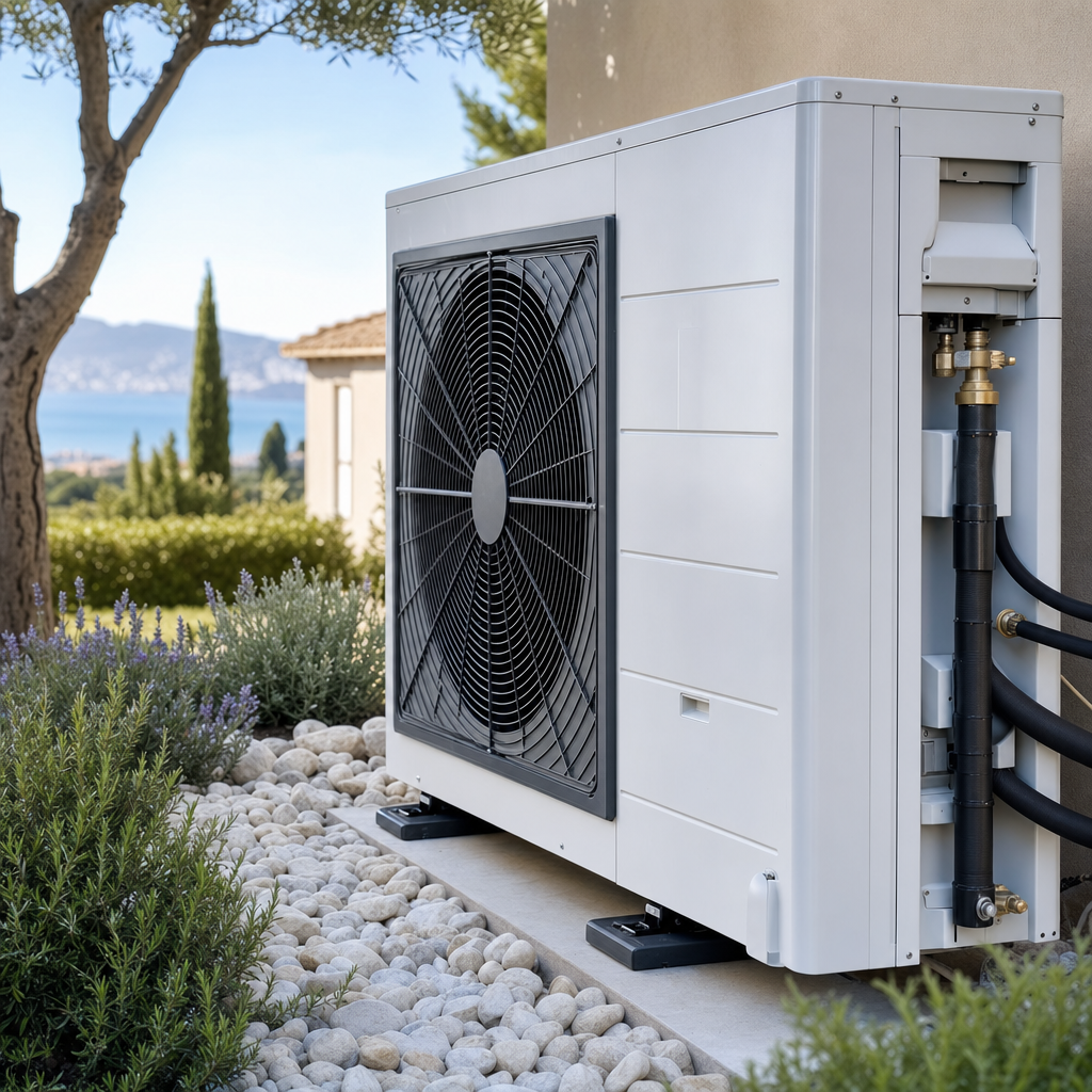 Gros plan technique sur une unité extérieure de PAC air-eau blanche dans un jardin marseillais avec gravier clair et plantes méditerranéennes (lavande, romarin), ambiance lumineuse mars 2026 — Marseille
