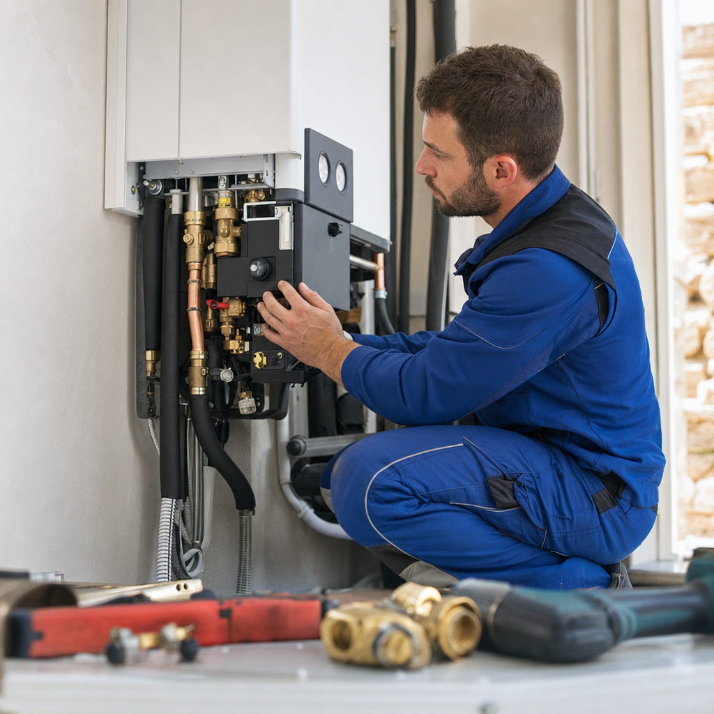 Technicien RGE en uniforme bleu installant un module hydraulique de PAC air-eau dans un local technique propre d'une villa des Bouches-du-Rhône, outils visibles, scène professionnelle — Marseille