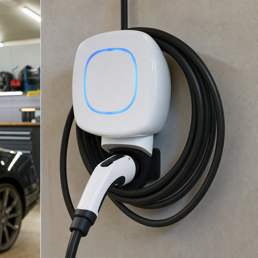 Photo réaliste en gros plan d'une borne Wallbox Pulsar Plus murale blanche dans un garage moderne, câble de recharge type 2 enroulé, voyant LED bleu allumé, mur en béton ciré clair, éclairage néon froid, vue détaillée des matériaux et de la finition, ambiance technique propre — Vitrolles