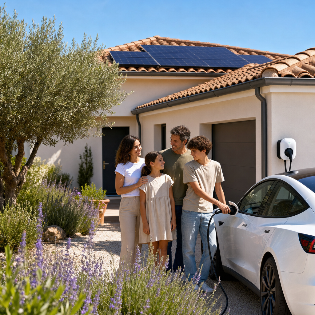 Photo réaliste d'une famille devant leur villa provençale à Marignane près de Vitrolles, voiture électrique Tesla blanche en charge sur une borne Wallbox Pulsar, panneaux solaires sur le toit en tuiles, jardin méditerranéen avec oliviers et lavande, ciel bleu PACA, ambiance chaleureuse et durable — Vitrolles