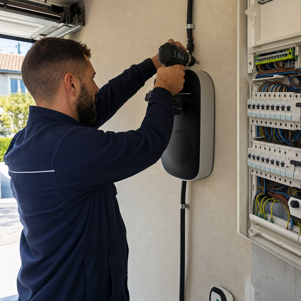 Photo réaliste d'un technicien IRVE en uniforme bleu marine installant une borne Wallbox sur un mur de garage, perceuse à la main, tableau électrique ouvert visible à droite avec disjoncteurs neufs, câble RO2V tiré proprement, maison individuelle à Vitrolles Bouches-du-Rhône, lumière naturelle, scène professionnelle réaliste — Vitrolles