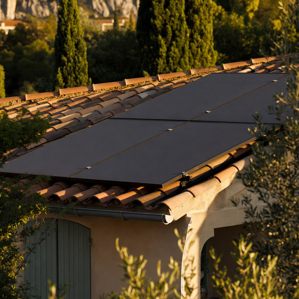 Toit méditerranéen d'une maison aubagnaise en tuiles canal orange, panneaux photovoltaïques noirs alignés en surimposition, oliviers et cyprès autour, soleil rasant de fin d'après-midi sur la Provence — Aubagne