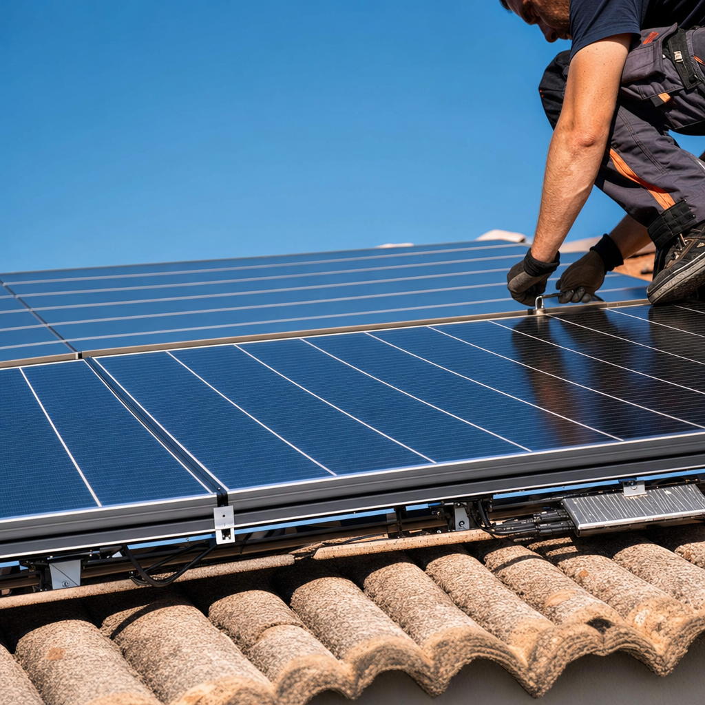 Plan rapproché sur des panneaux solaires monocristallins 500 Wc installés sur charpente, micro-onduleurs visibles sous les modules, pose professionnelle par couvreur, ciel azur de Provence en arrière-plan — Aubagne