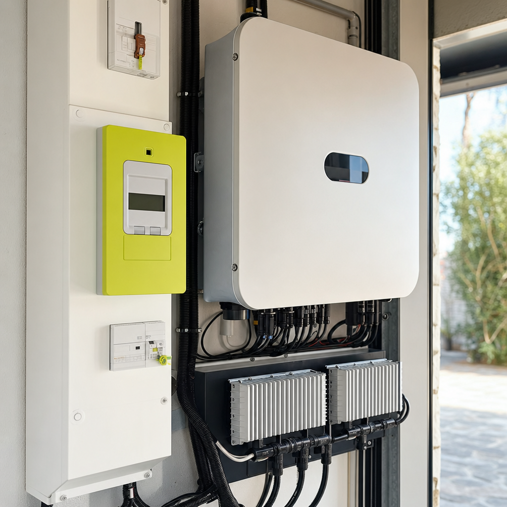 Gros plan sur un compteur Linky et un onduleur Huawei moderne dans un garage propre d'une maison du Var, micro-onduleurs Atmoce visibles, câblage soigné, lumière naturelle, ambiance technique haut de gamme — Toulon