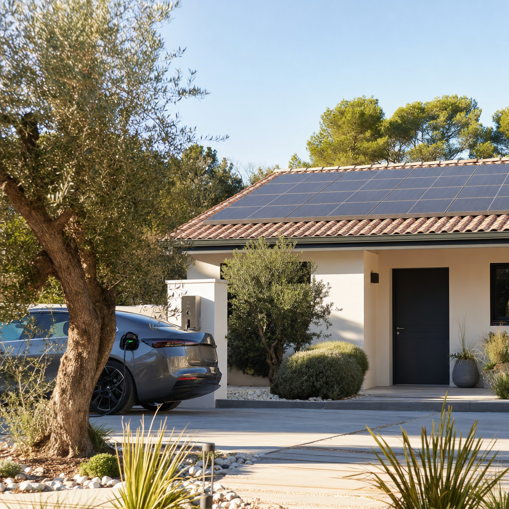 Villa contemporaine à Six-Fours-les-Plages avec installation photovoltaïque 6 kWc en toiture, jardin méditerranéen avec oliviers, voiture électrique branchée à une borne de recharge dans l'allée, lumière dorée du Var, photo architecturale — Toulon