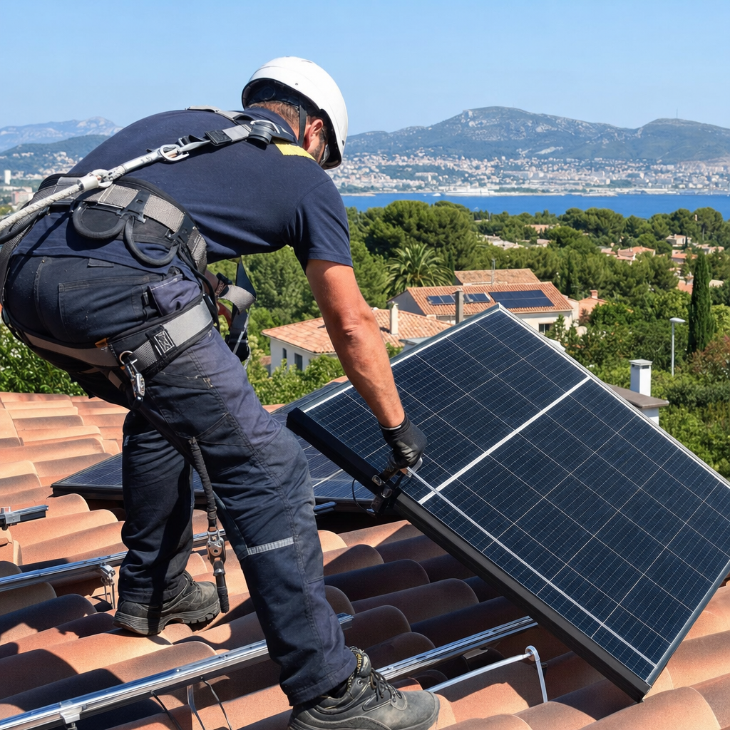 Installateur photovoltaïque en tenue professionnelle posant un panneau solaire 500 Wc sur une toiture de villa provençale à Toulon, sécurité harnais, ciel bleu méditerranéen, tuiles canal terre cuite, photo réaliste détaillée — Toulon