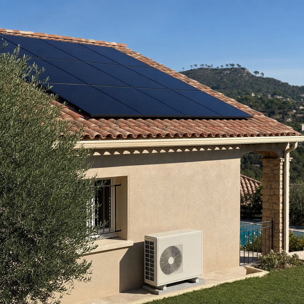 Toiture en tuiles d'une villa du Pays d'Aubagne avec panneaux solaires photovoltaïques noirs en surimposition, ciel bleu provençal lumineux, en arrière-plan colline boisée et silhouette d'une PAC en pied de mur, illustrant le couplage solaire + pompe à chaleur, photoréaliste — Aubagne