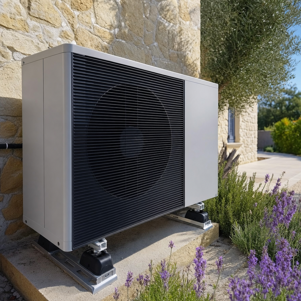 Plan rapproché d'une unité extérieure de pompe à chaleur air/eau moderne installée le long d'une façade en pierre claire d'une maison provençale, fixations anti-vibratiles, environnement Aubagne avec végétation méditerranéenne (lavande, romarin), ambiance technique propre et professionnelle, photoréaliste — Aubagne