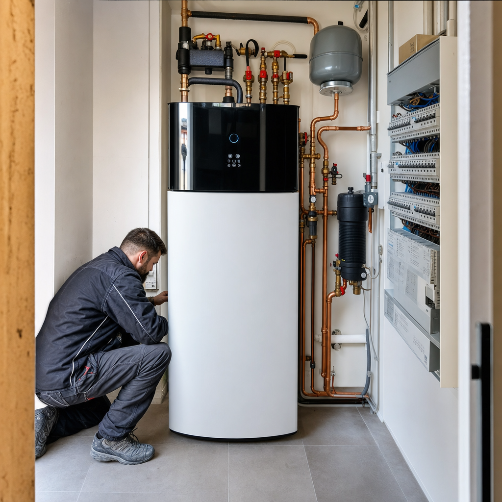 Intérieur d'un local technique d'une maison à Aubagne : module hydraulique intérieur de PAC Daikin Altherma avec ballon ECS intégré, raccordements cuivre soignés, tableau électrique à proximité, éclairage neutre, vue documentaire d'une installation RGE QualiPAC, photoréaliste — Aubagne