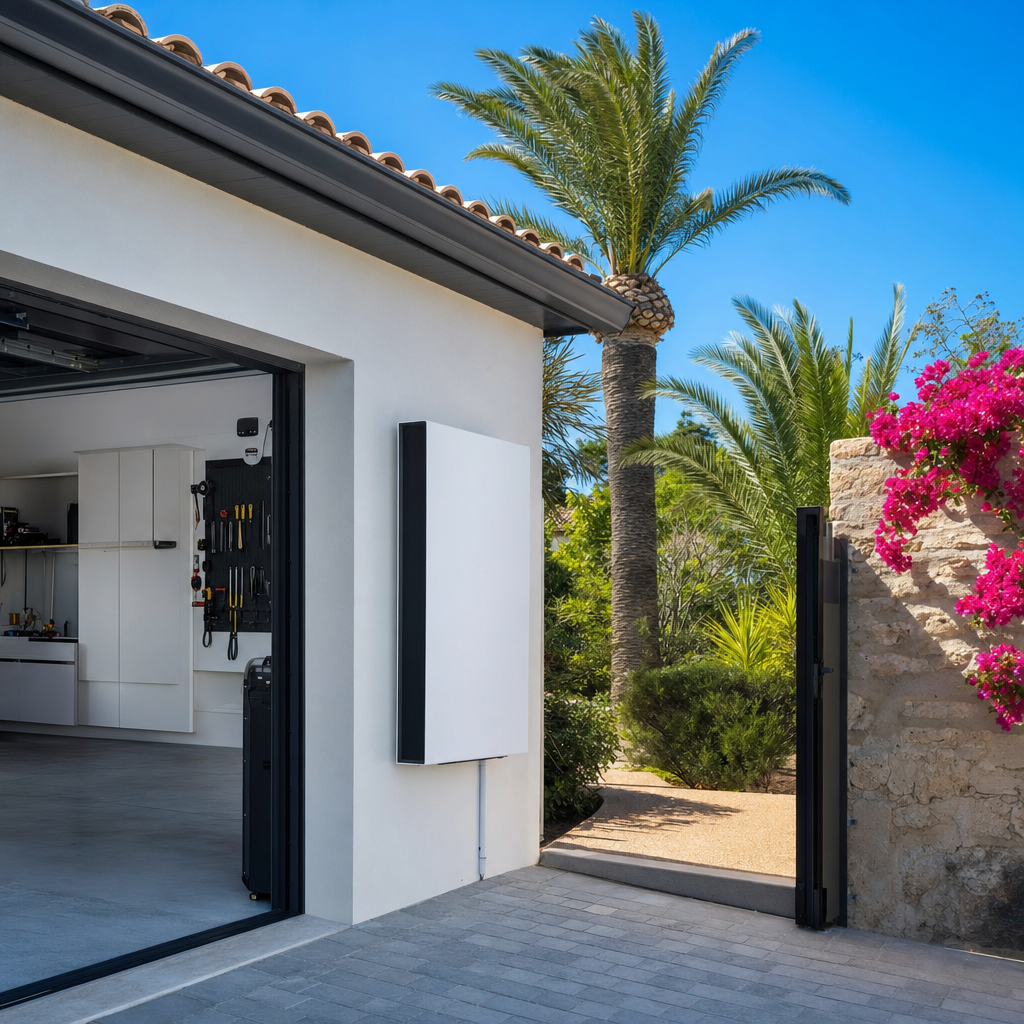 Maison contemporaine à Six-Fours-les-Plages avec batterie domestique Tesla Powerwall blanche fixée au mur extérieur du garage, palmiers et bougainvilliers méditerranéens, ciel bleu vif, esthétique premium, photographie immobilière haut de gamme — Toulon