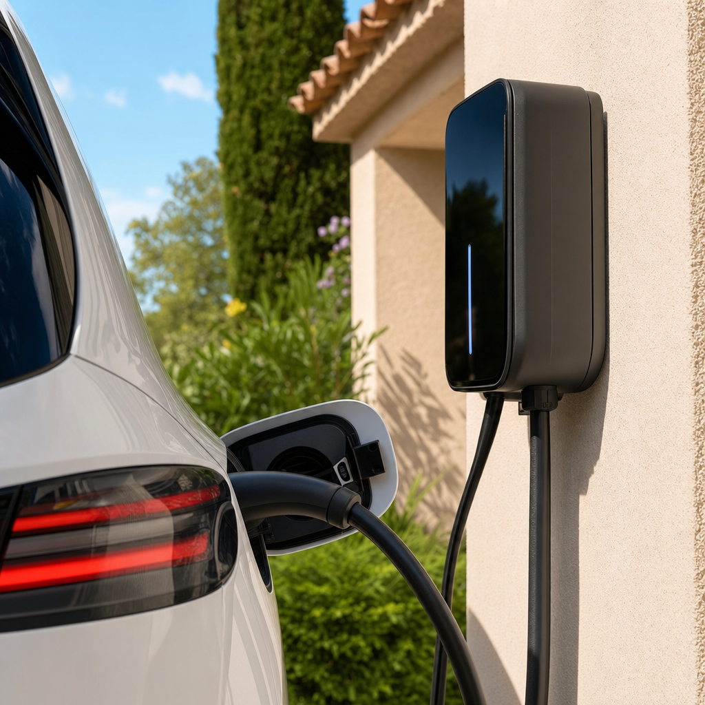 Close-up of a sleek black wallbox EV charger mounted on a beige Provençal villa wall in Fréjus, charging cable plugged into a white electric car, sunny day, photorealistic — Fréjus