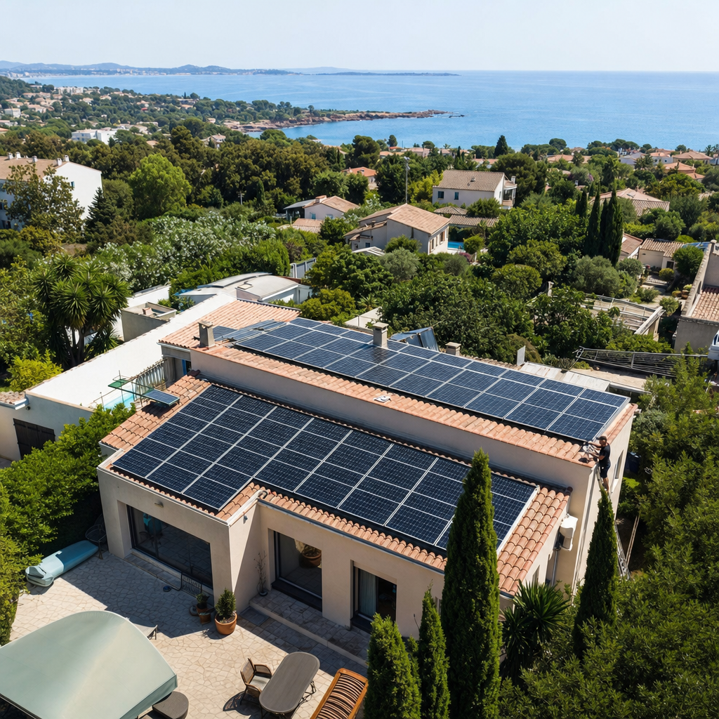 Aerial view of a residential neighborhood in Saint-Aygulf Fréjus with several houses equipped with rooftop solar panels, Mediterranean Sea visible in background, sunny PACA landscape, photorealistic drone shot — Fréjus