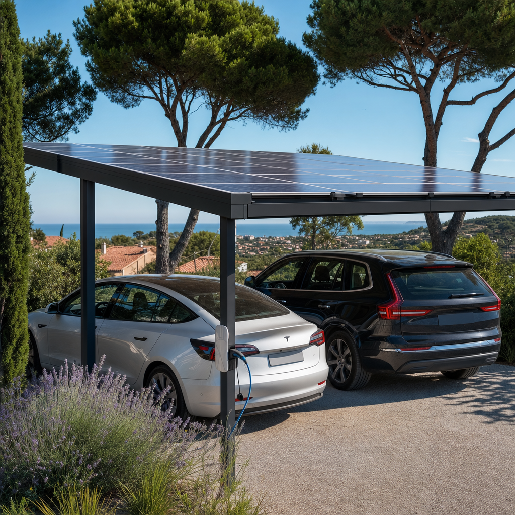 Solar carport with photovoltaic panels covering two parked cars including an electric vehicle, in a typical Var garden with stone pines and lavender, bright sunny day in Fréjus, photorealistic — Fréjus