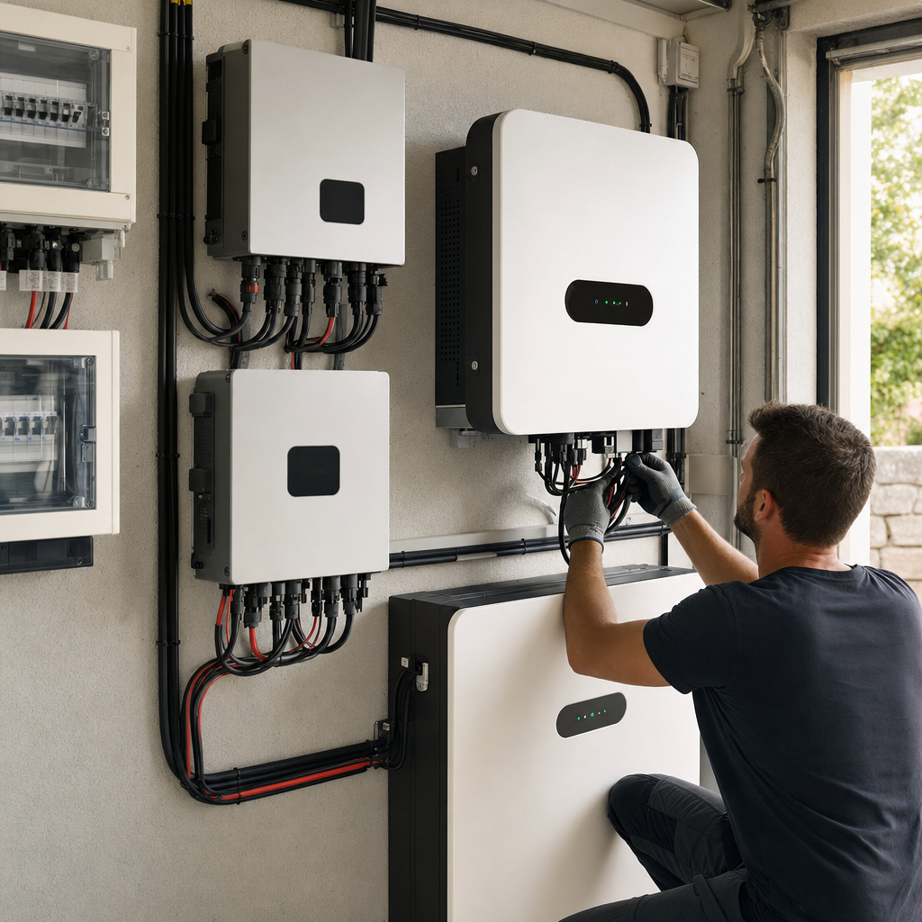 Photographie d'un coffret électrique avec micro-onduleurs Atmoce et onduleur Huawei dans un garage propre de villa à Six-Fours-les-Plages, batterie domestique murale visible, câblage soigné, éclairage LED, rendu technique et premium — Six-Fours-les-Plages