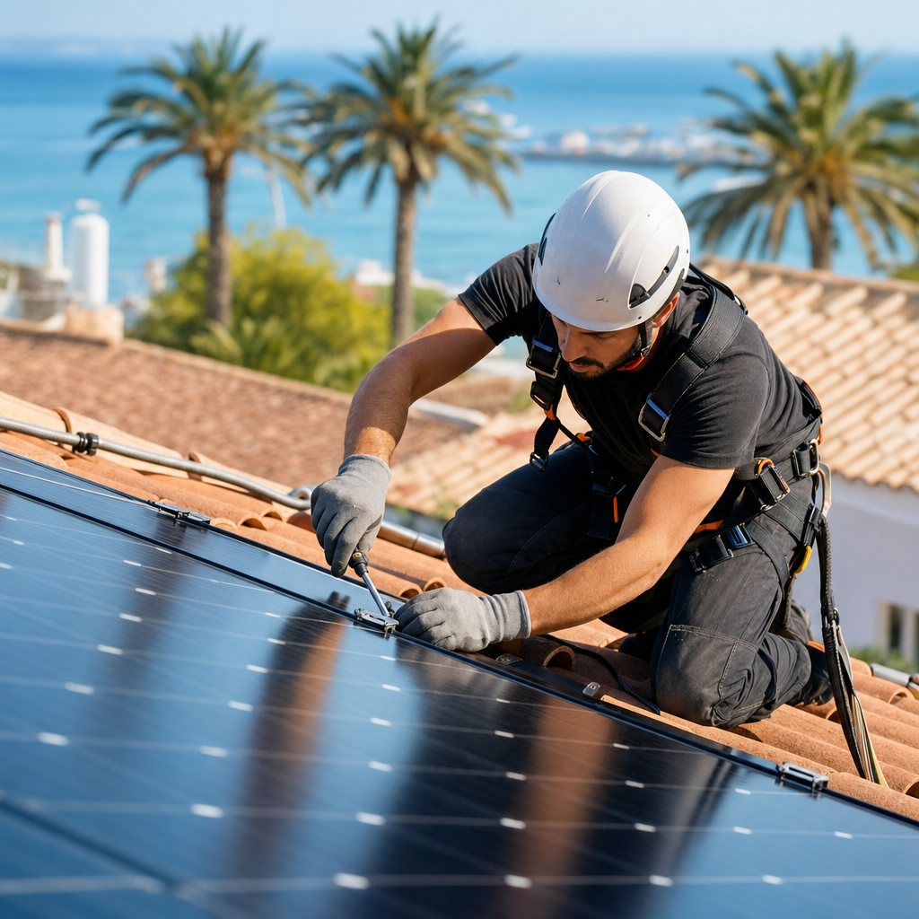 Photographie d'un installateur RGE QualiPV en EPI sur un toit de pavillon varois à Six-Fours-les-Plages, posant des panneaux solaires 500 Wc full black, palmiers et bord de mer flous en arrière-plan, lumière naturelle de matinée, rendu professionnel — Six-Fours-les-Plages