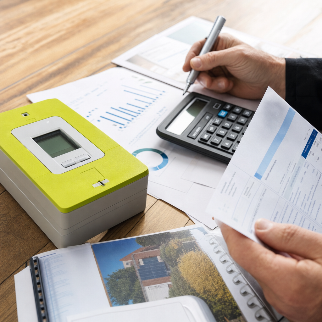 Photo macro d'un compteur Linky et d'une facture EDF OA papier sur une table en bois clair, calculatrice et documents administratifs (contrat photovoltaïque), ambiance bureau particulier, lumière douce naturelle, style éditorial sobre — Six-Fours-les-Plages