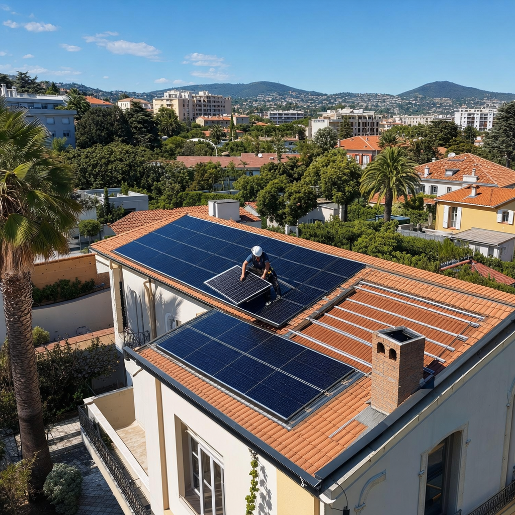 Aerial view of solar panels installed on a typical Niçois villa rooftop in Cimiez neighborhood, blue Mediterranean sky, palm trees and ochre buildings around, photorealistic landscape — Nice