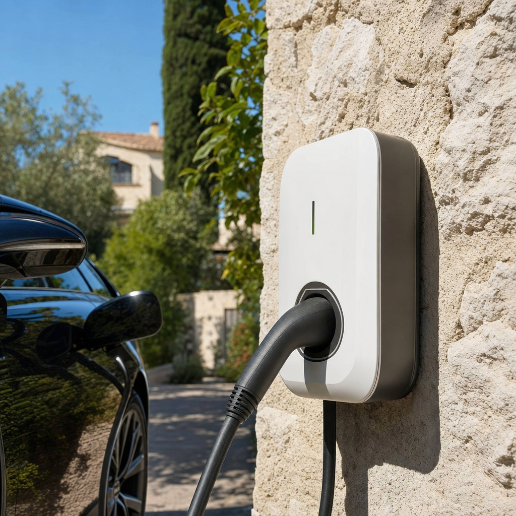 Close-up of a modern white wallbox EV charger mounted on a stone wall of a Provençal house in Nice, electric car cable plugged in, sunny day, photorealistic landscape — Nice