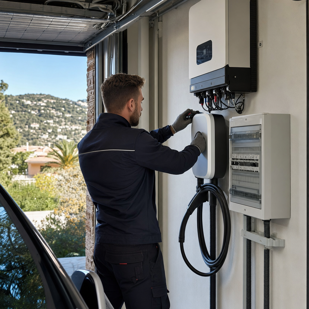 Technician in branded workwear installing a home EV charging station next to an electrical panel in a garage of a Nice house, solar inverter visible on the wall, professional photo, landscape format — Nice