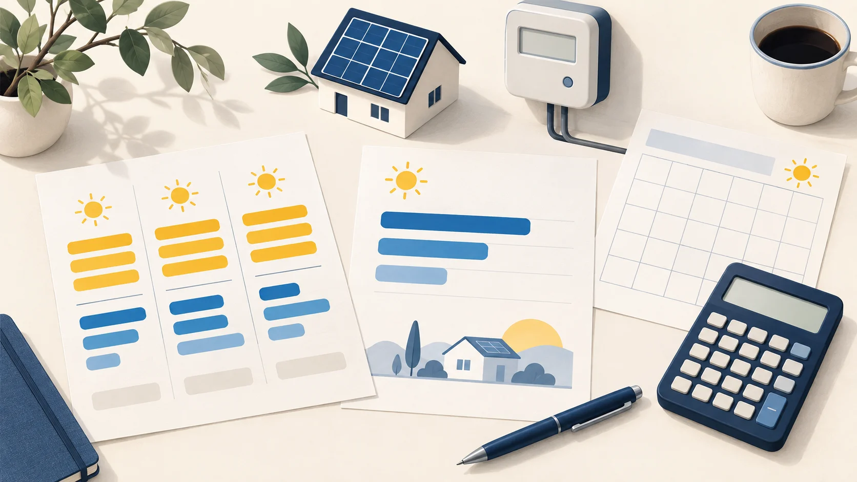 Illustration bleu et jaune des éléments à examiner dans une facture de batterie virtuelle : abonnement, énergie et calendrier