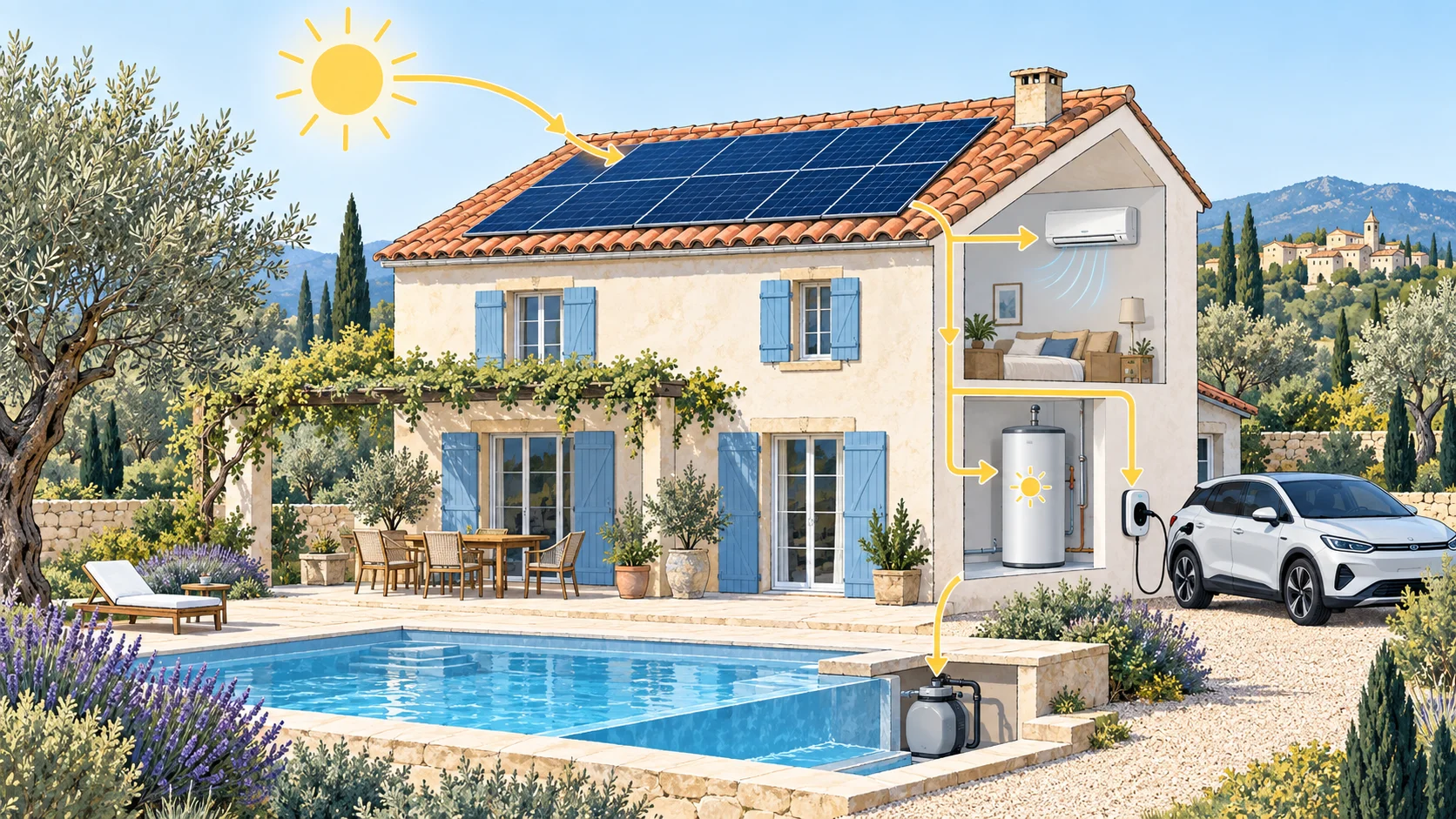 Maison provençale illustrant les usages solaires en journée : chauffe-eau, climatisation, voiture électrique et piscine