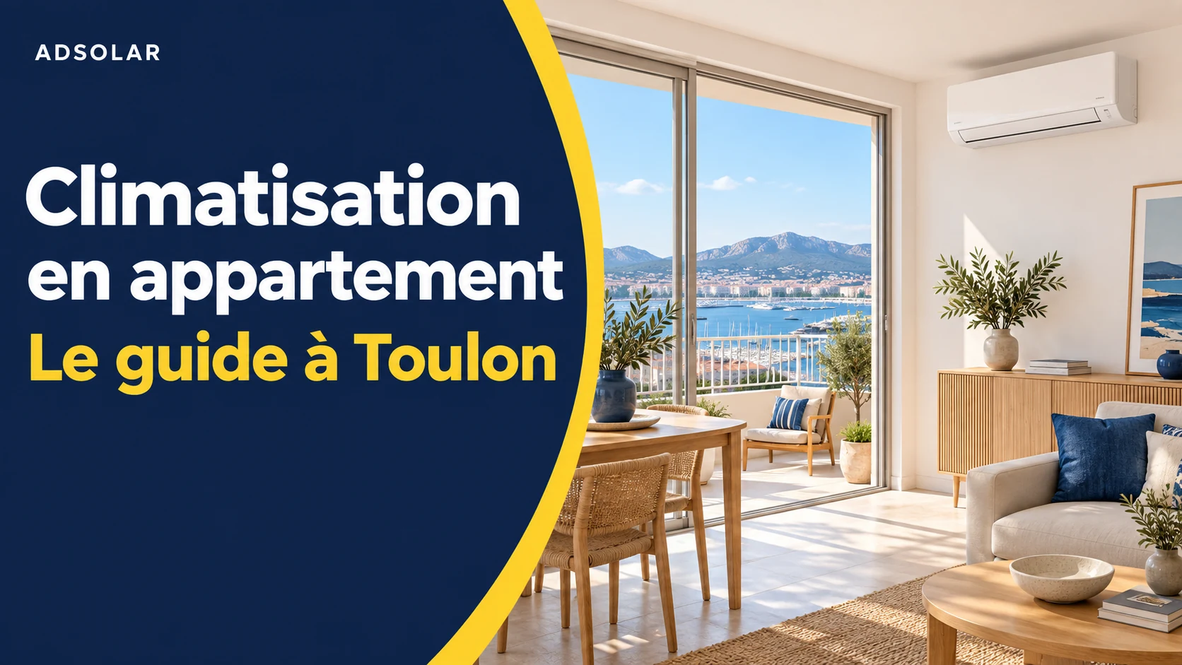 Illustration générée ADSolar : climatisation dans un appartement à Toulon, avec unité murale et vue méditerranéenne.