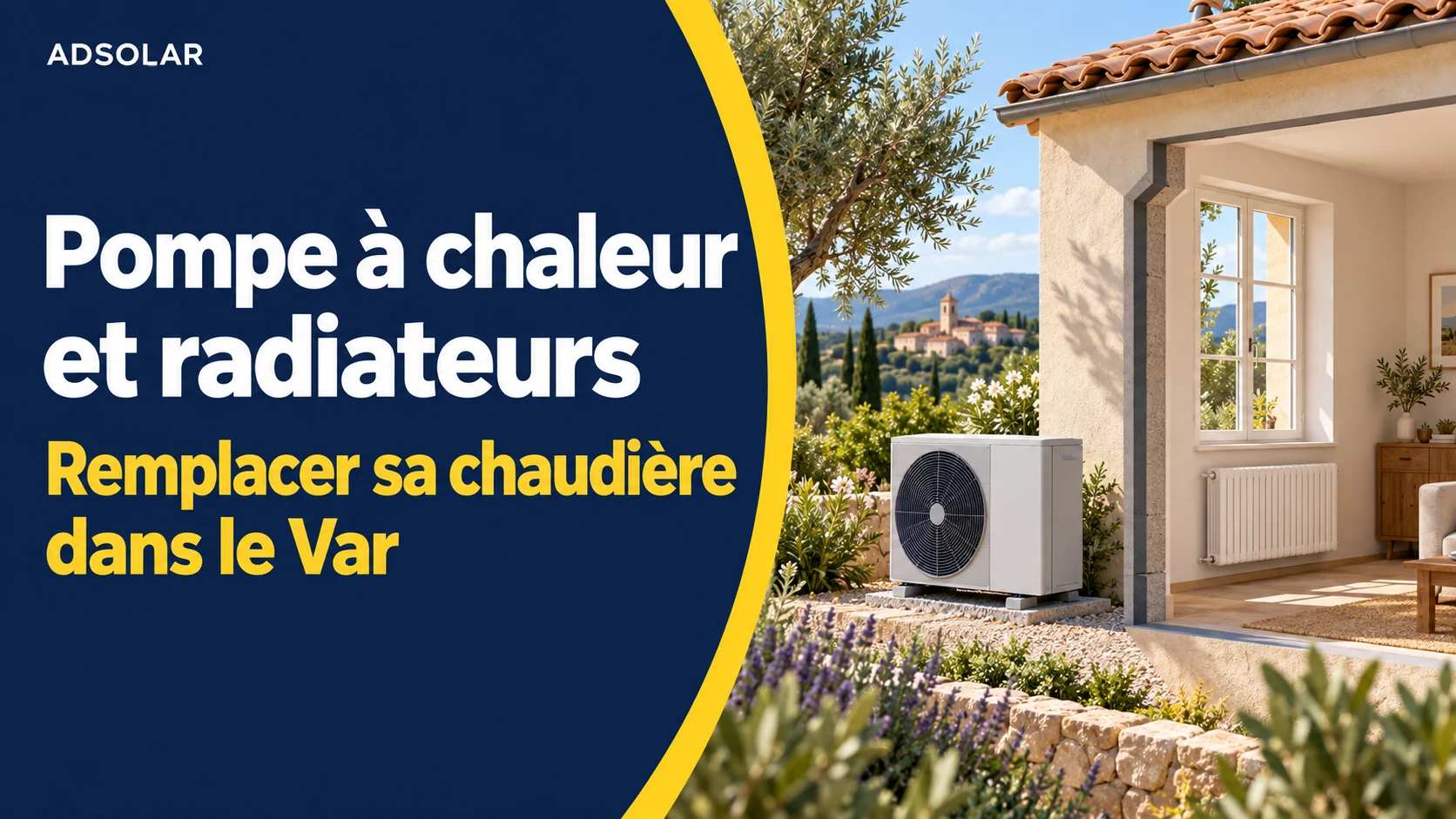 Illustration générée ADSolar : pompe à chaleur air-eau et radiateurs dans une maison du Var.