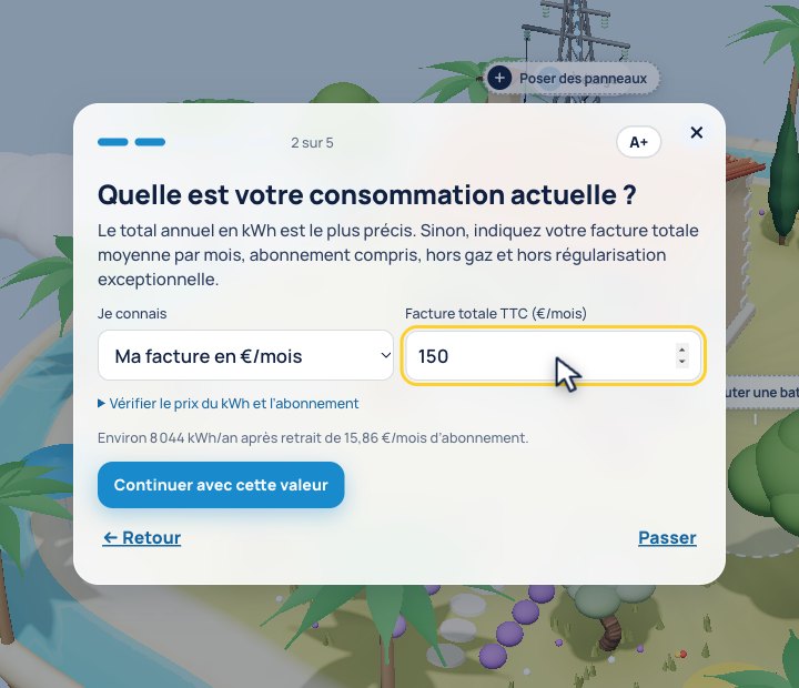 Question 2 du simulateur solaire : facture d'électricité en euros par mois