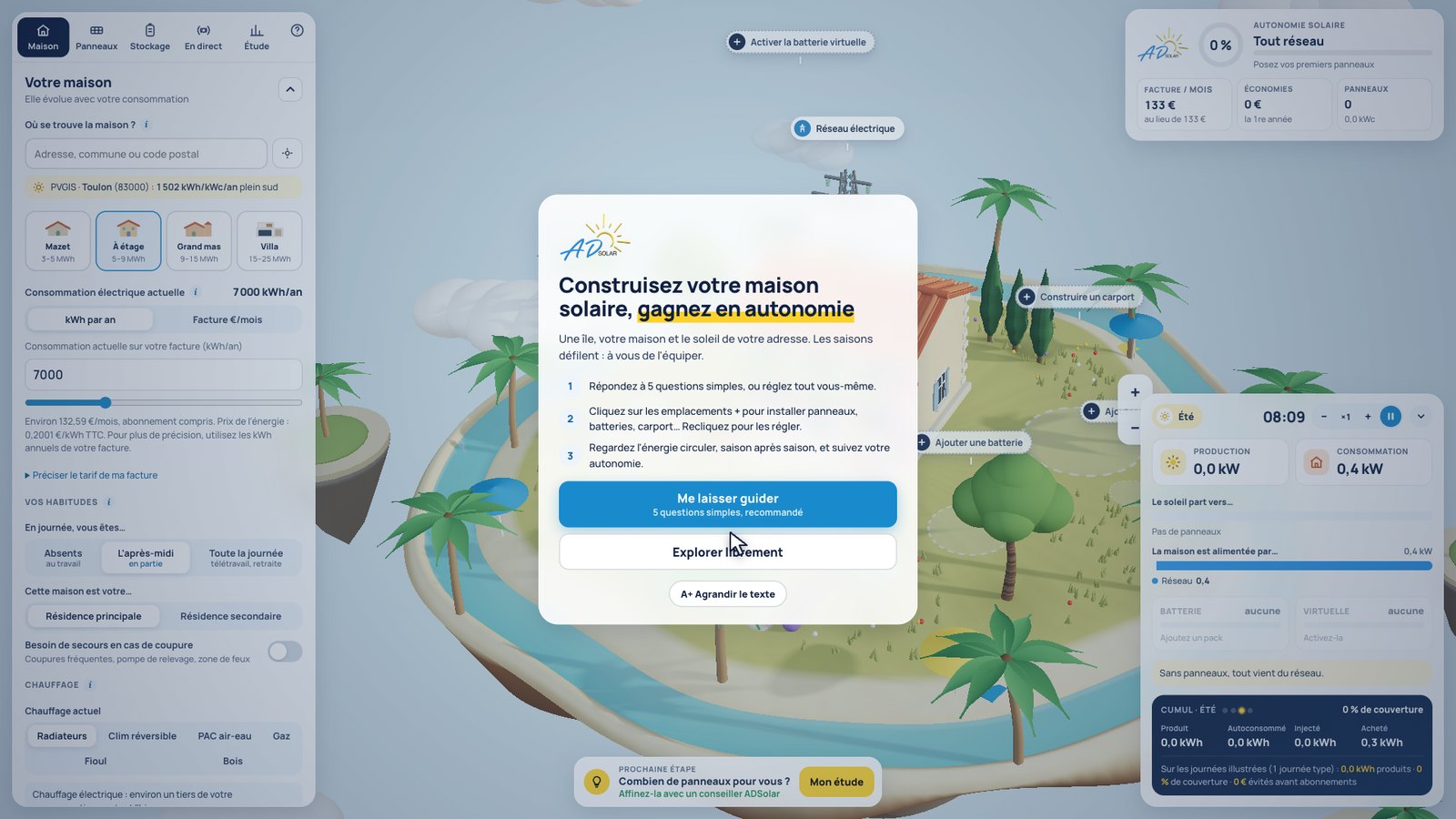 Accueil du simulateur solaire 3D ADSolar avec le bouton Me laisser guider