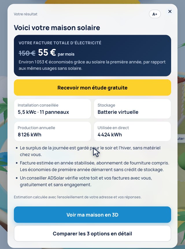 Résultat du simulateur solaire : facture de 150 à 55 euros par mois, 11 panneaux et batterie virtuelle