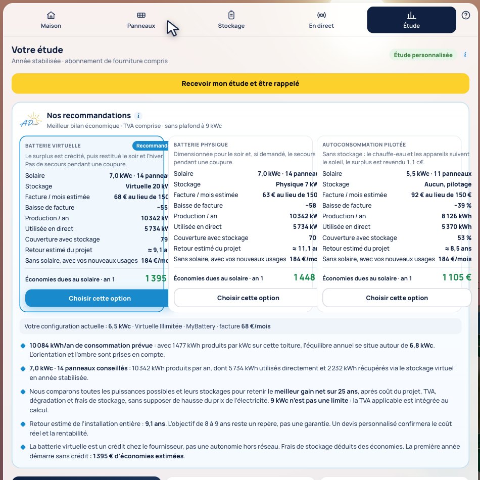 Onglet Étude du simulateur solaire : comparaison batterie virtuelle, batterie physique et autoconsommation pilotée