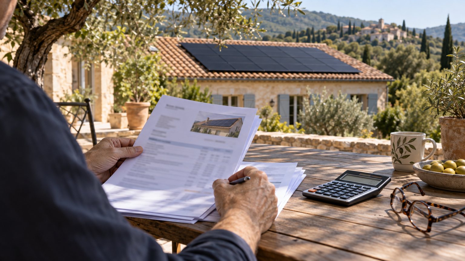 Propriétaire relisant un devis de panneaux solaires sur une terrasse, calculatrice à côté