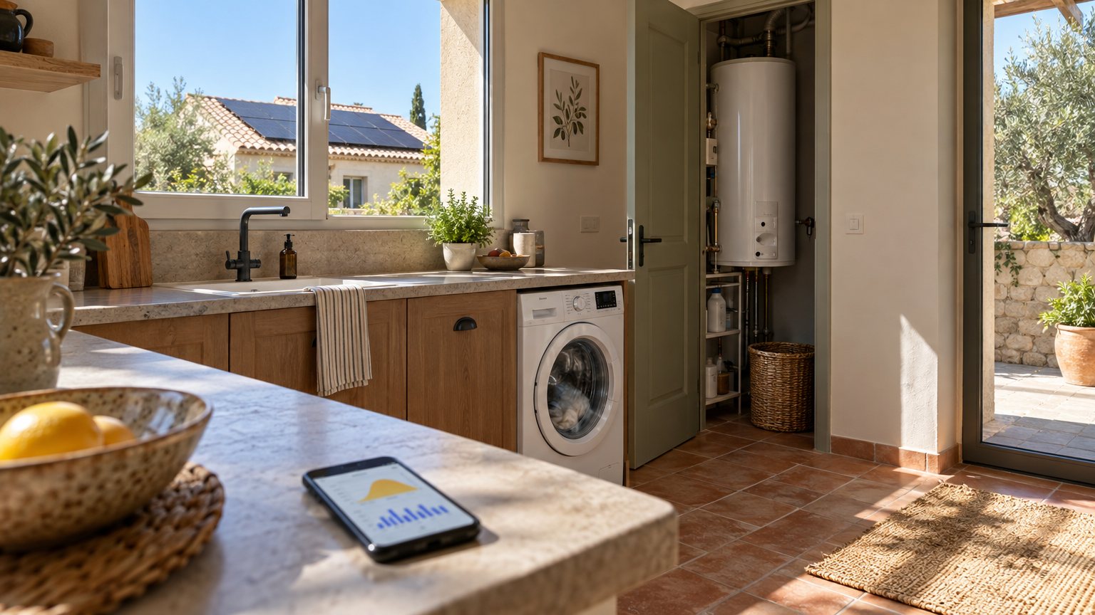 Cuisine provençale en milieu de journée : lave-linge en marche, ballon d’eau chaude et smartphone affichant la production solaire