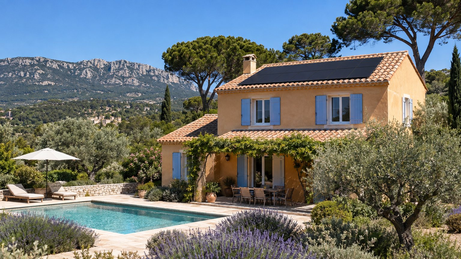 Maison individuelle provençale avec piscine et panneaux solaires noirs sur un toit en tuiles