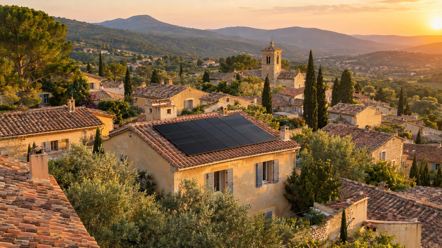 Village du Var au coucher du soleil, une maison équipée de panneaux solaires (illustration générée par IA)