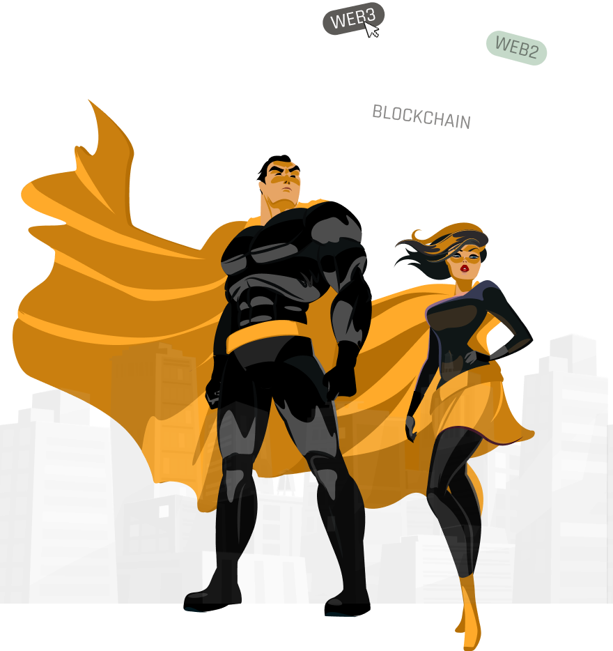 Illustration of three superheroes representing Web2, Web3, and AI technologies