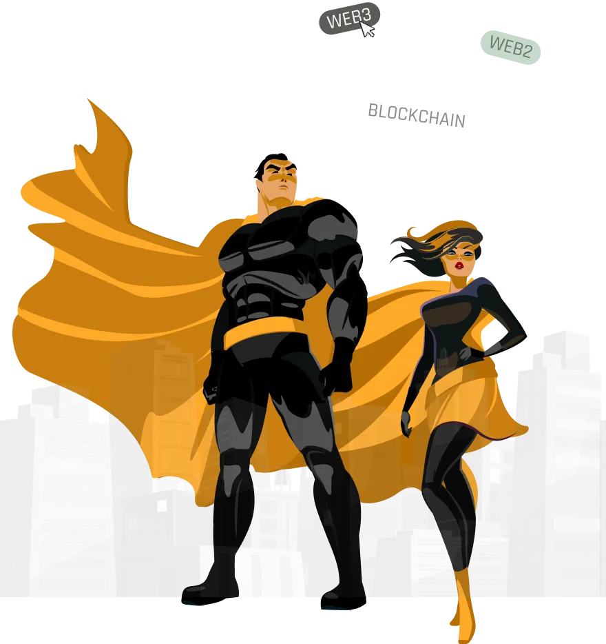 Illustration of three superheroes representing Web2, Web3, and AI technologies