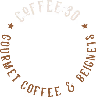 Circular logo with the text 'COFFEE:30' at the top and 'GOURMET COFFEE & BEIGNETS' curved along the bottom sides separated by two stars.