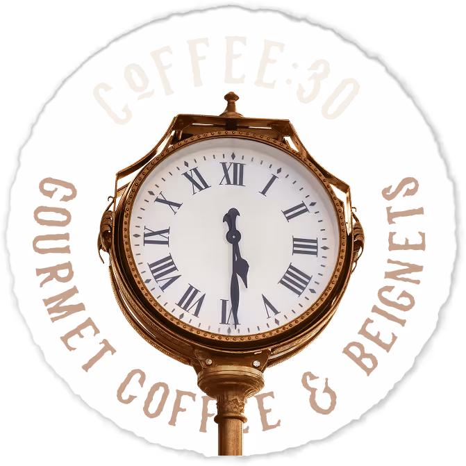 Vintage street clock showing 6:00 surrounded by text reading 'Coffee:30 Gourmet Coffee & Beignets'.