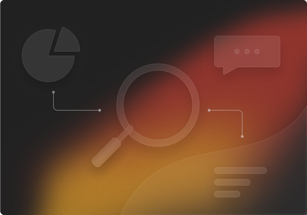 A magnifying glass over a pie chart and chat bubble, illustrating advanced UTM attribution tracking for digital marketing