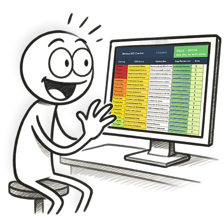 A cartoon character reviewing an SEO checklist on a computer. Calgary digital marketing agency.