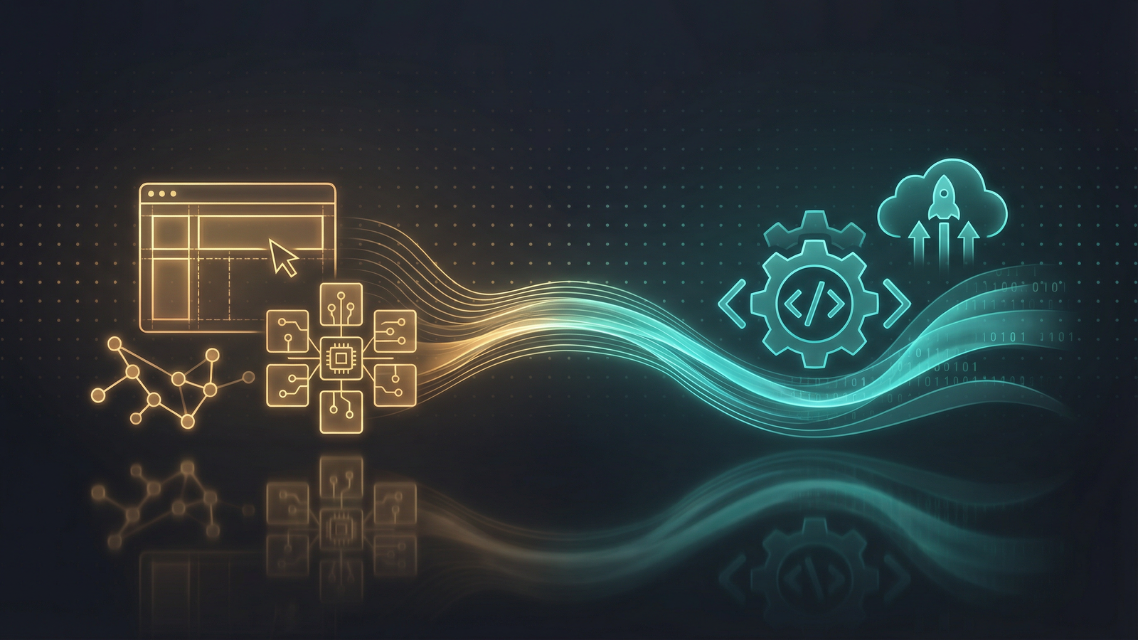 Abstract digital illustration showing the Webflow development workflow from visual design to cloud deployment, with amber and teal geometric shapes on a dark background