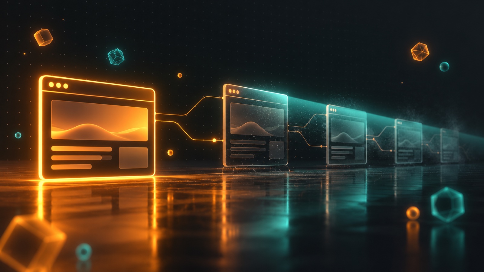 Glowing amber and teal browser windows fading into the distance on a dark reflective floor, representing old websites a business has forgotten about
