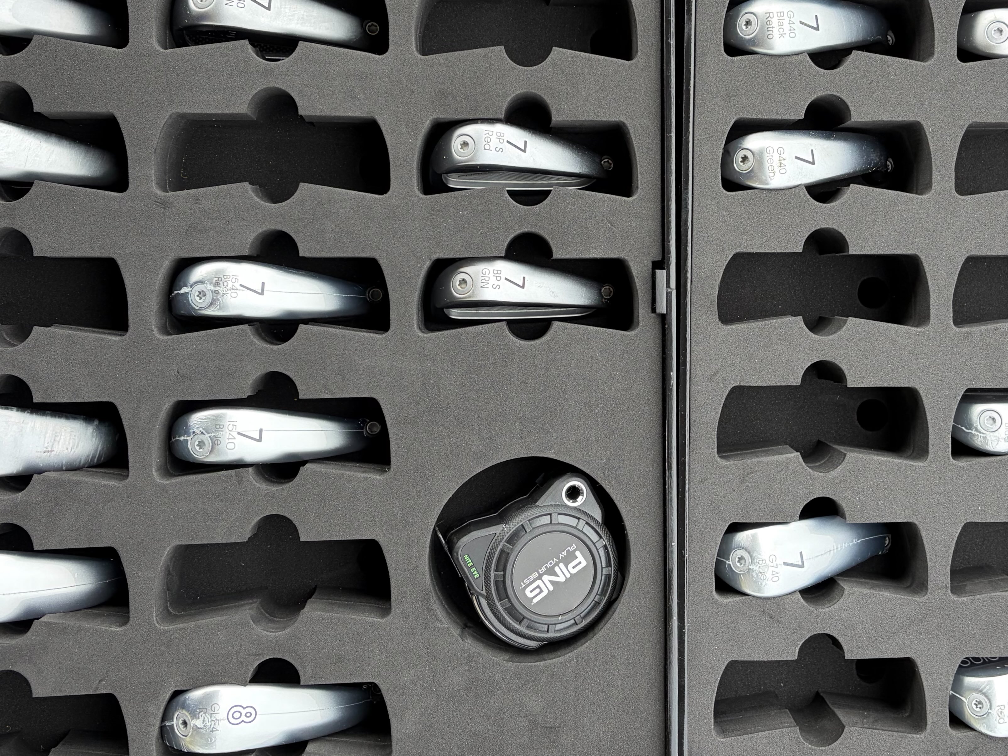 Ping custom club head carrier system with precision acrylic trays and foam inserts