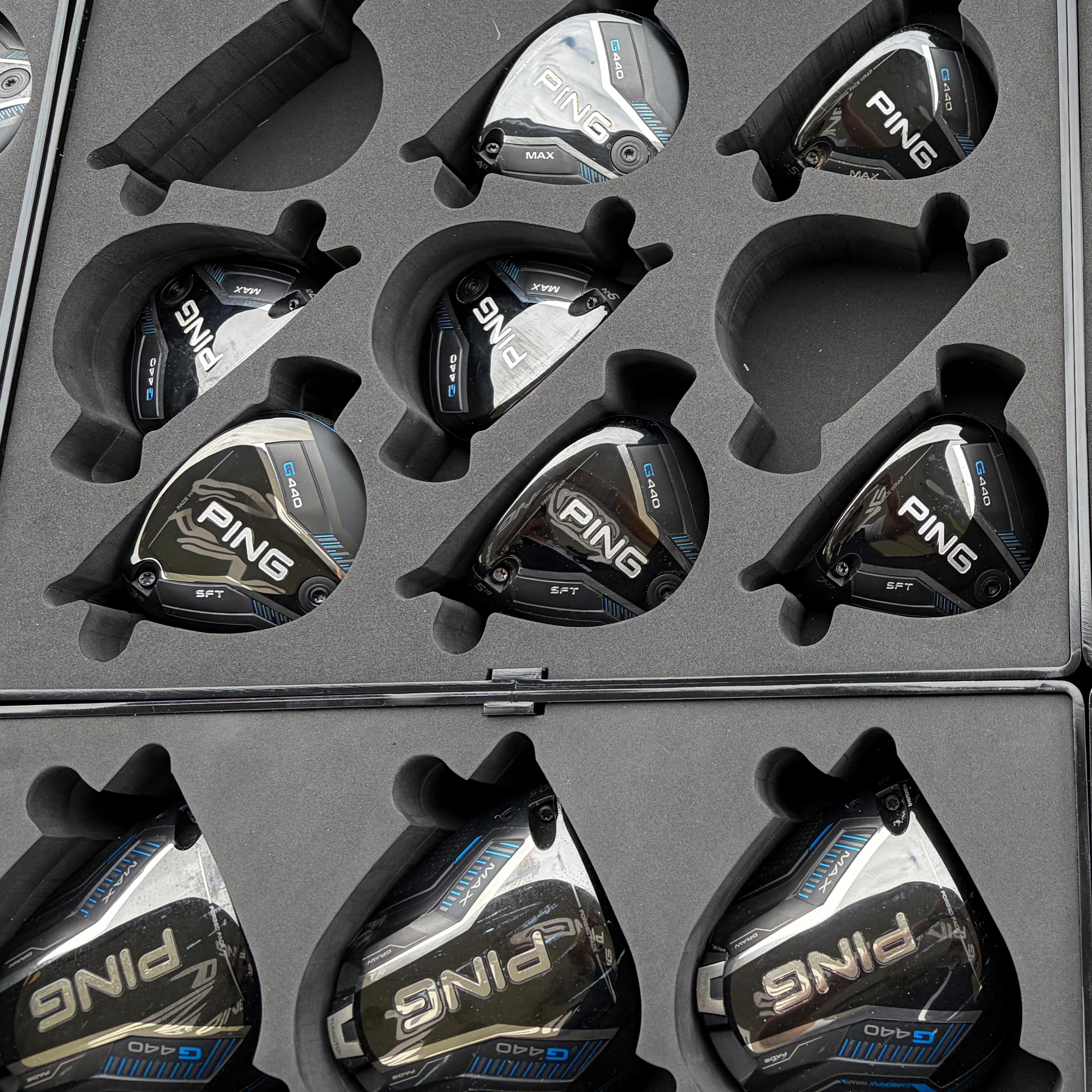 Ping club head carrier — close-up detail of precision foam inserts holding club heads