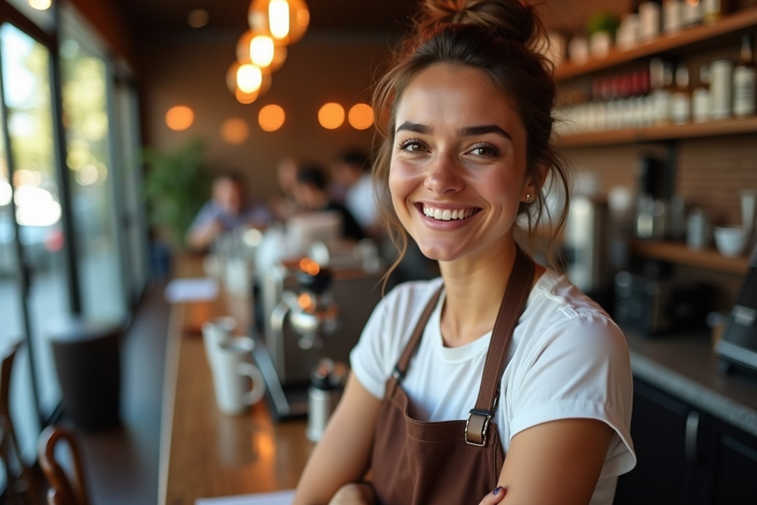 Local café owner greeting guests inside a community coffee shop.