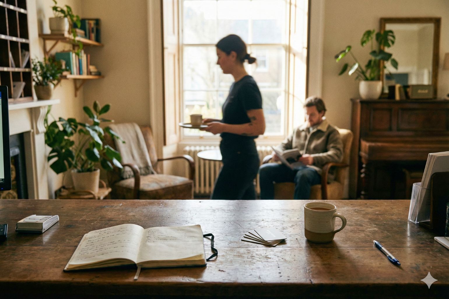 View from behind a hotel front desk looking out into the lobby, with a staff member moving through the space and a guest seated in the background.