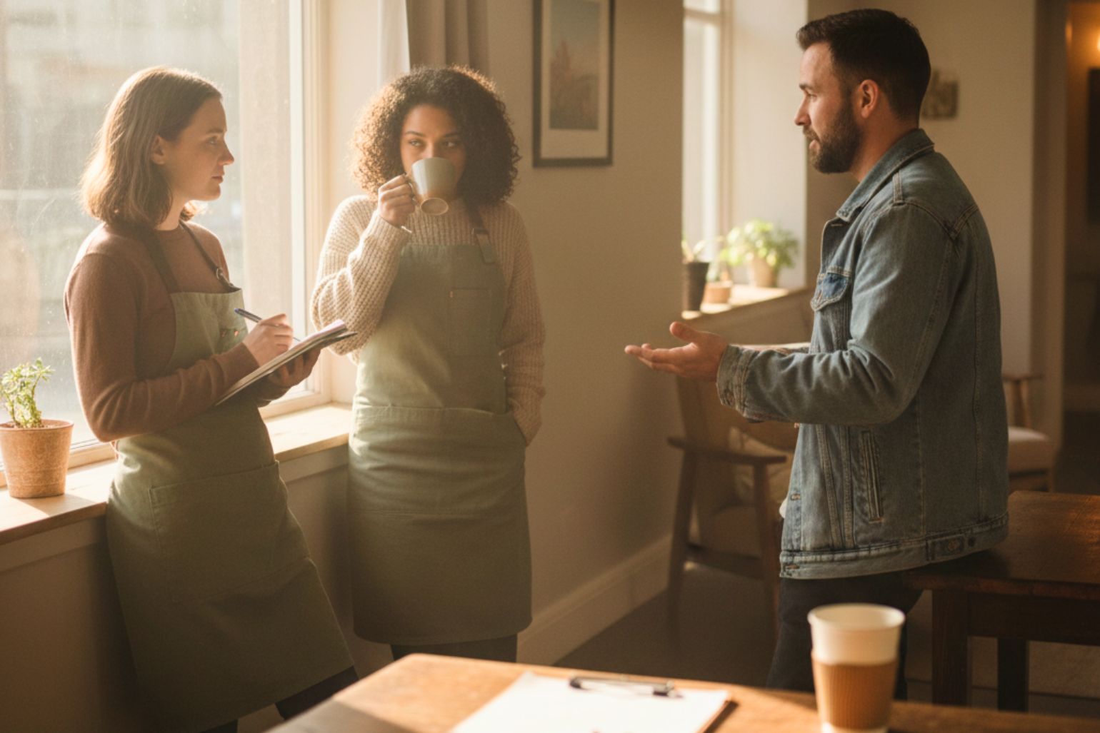 Three hotel staff members gather informally before a shift, holding coffee and talking quietly in natural light during a team briefing.