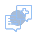 Overlapping computer windows with abstract icons and text lines in blue.