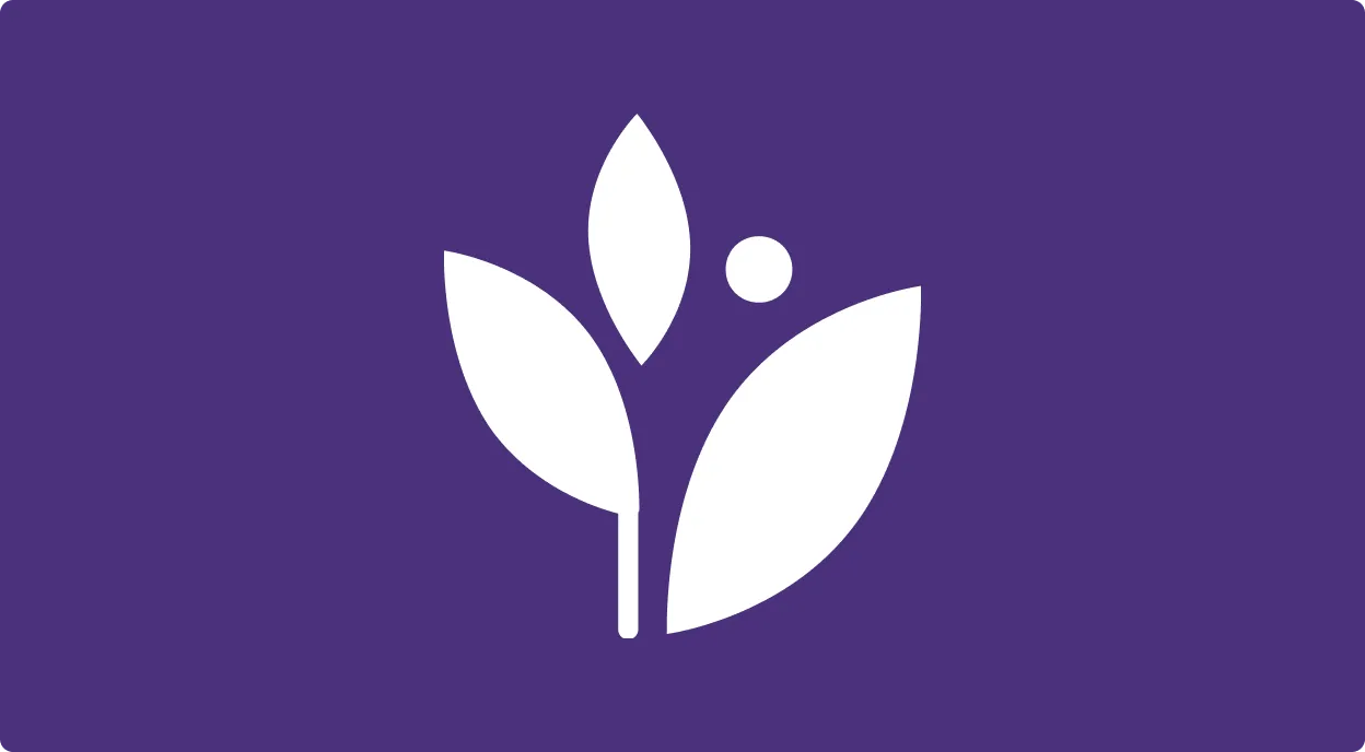 White stylized plant with three leaves and a circle on a purple background.